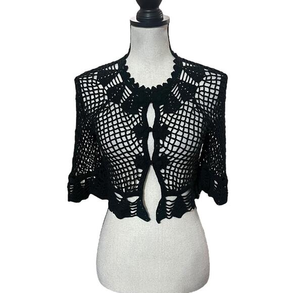 VTG Y2K Nanette Lepore Black Open Crochet Whimsygoth Cropped Cardigan XS/S - Picture 1 of 5